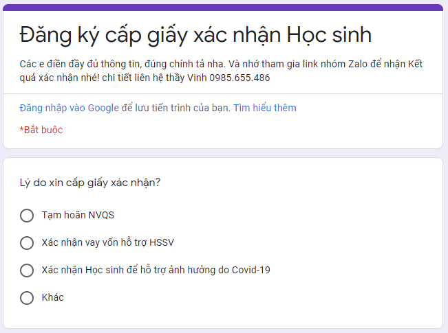 Quản lý HSSV: Biểu mẫu Đăng ký cấp giấy xác nhận