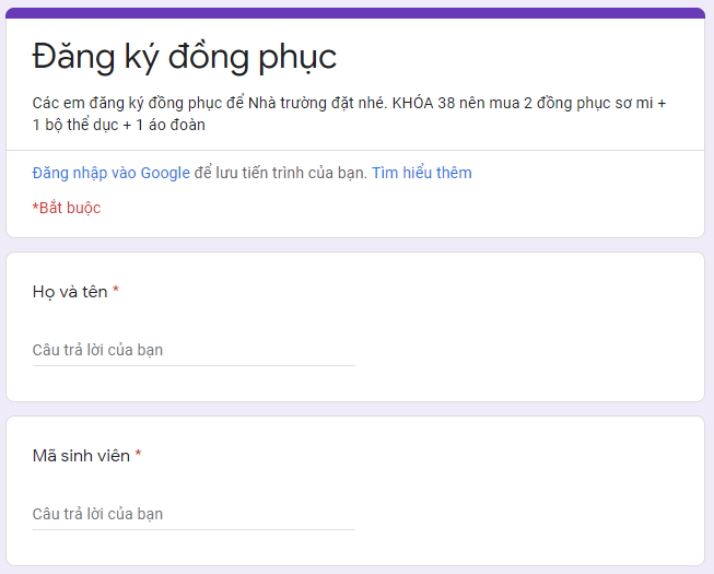 Quản lý HSSV: Biểu mẫu Đăng ký đồng phục