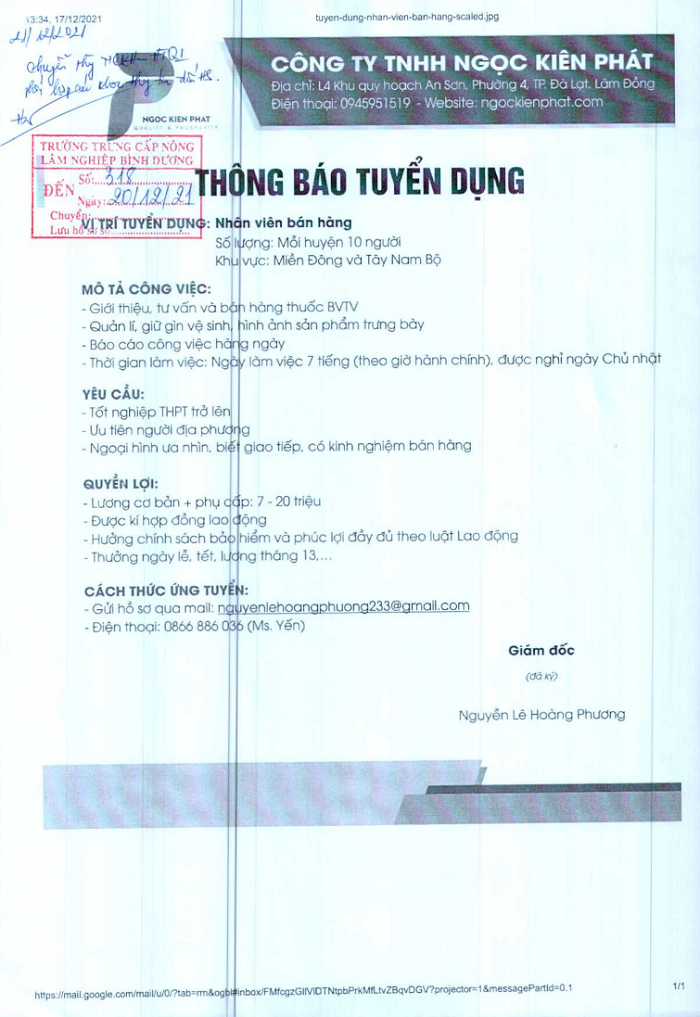 Cty Ngọc Kiên Phát tuyển dụng nhân viên bán hàng
