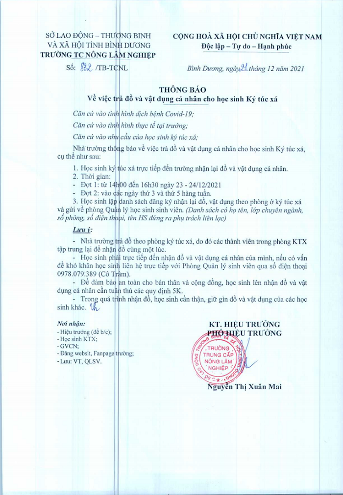 Thông báo trả đồ và vật dụng cá nhân của HS ở KTX