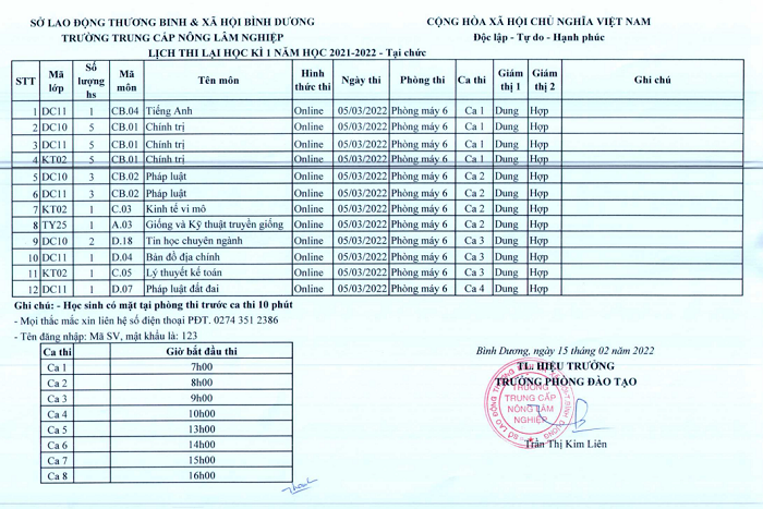 Lịch thi lại học kỳ 1, năm học 2021-2022 - Hệ tại chức