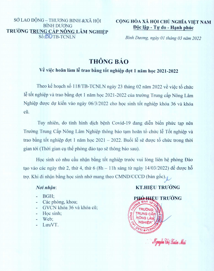 Thông báo hoãn tổ chức Lễ trao bằng tốt nghiệp đợt 1, năm học 2021-2022