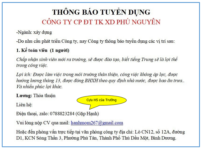 Thông báo tuyển dụng kế toán viên
