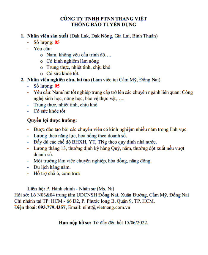 Thông báo tuyển dụng ngành Trồng trọt và Bảo vệ thực vật