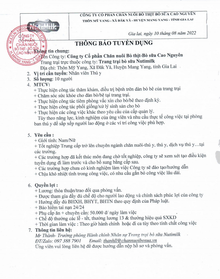 Thông báo tuyển dụng Nhân viên Thú y