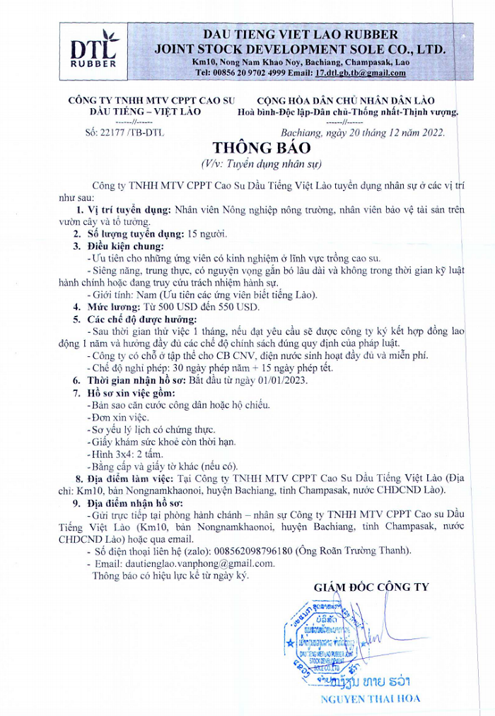 Công ty cao sau Dầu Tiếng Việt - Lào thông báo tuyển dụng