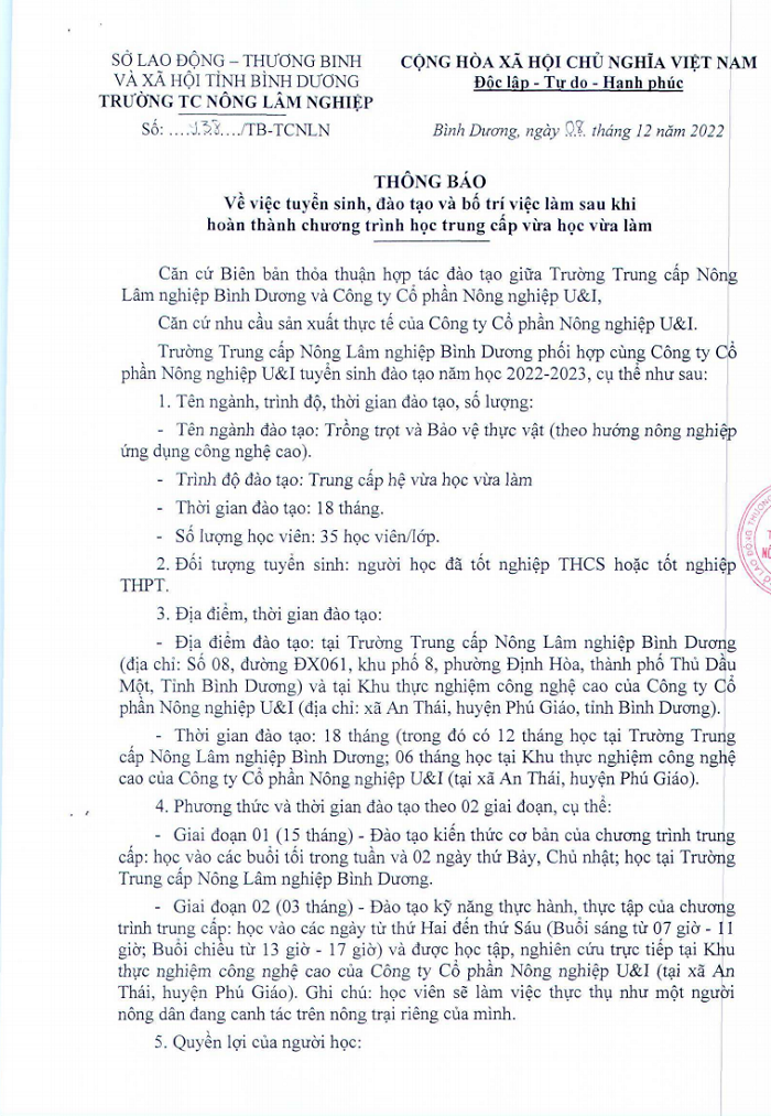 Thông báo tuyển sinh hệ vừa làm vừa học ngành Trồng trọt và Bảo vệ thực vật, lớp liên kết với Công ty CP Nông nghiệp U&I