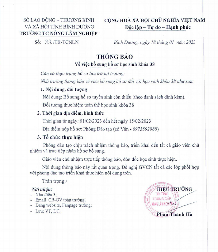 Thông báo bổ sung hồ sơ đối với Khóa 38, thời hạn hoàn thành 15-02-2023