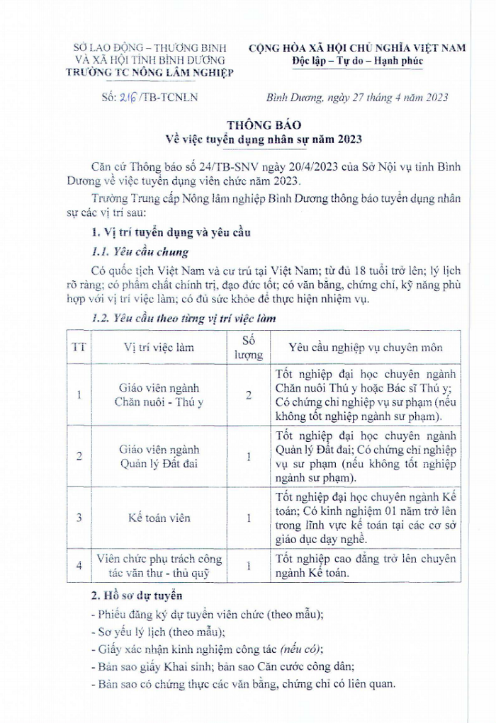 Trường Trung cấp Nông lâm nghiệp thông báo tuyển dụng giáo viên, kế toán, nhân viên văn thư - thủ quỹ