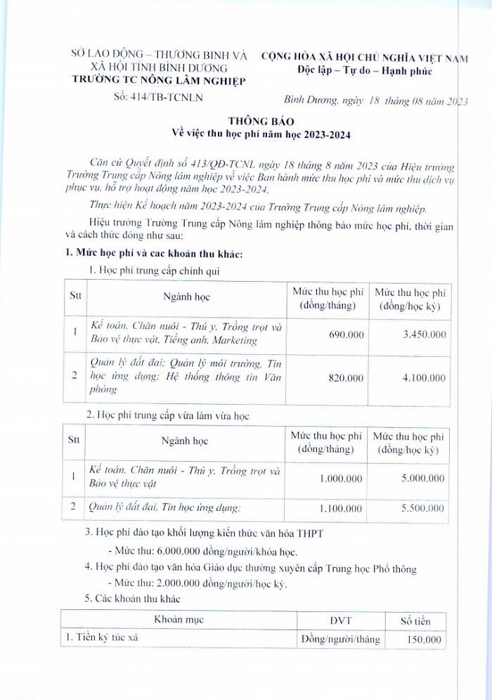 Thông báo mức thu học phí năm học 2023-2024