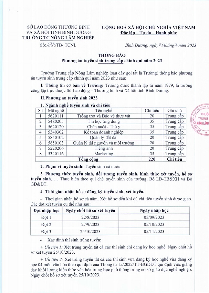 Phương án tuyển sinh trung cấp chính quy năm 2023