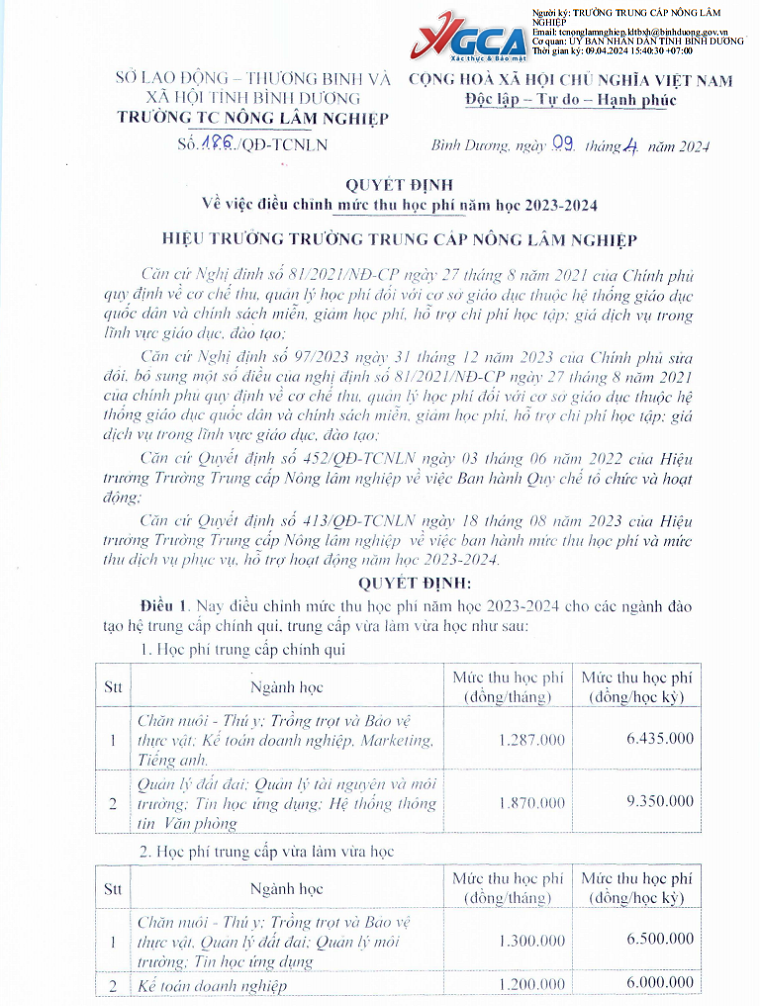 Quyết định điều chỉnh mức thu học phí năm học 2023-2024