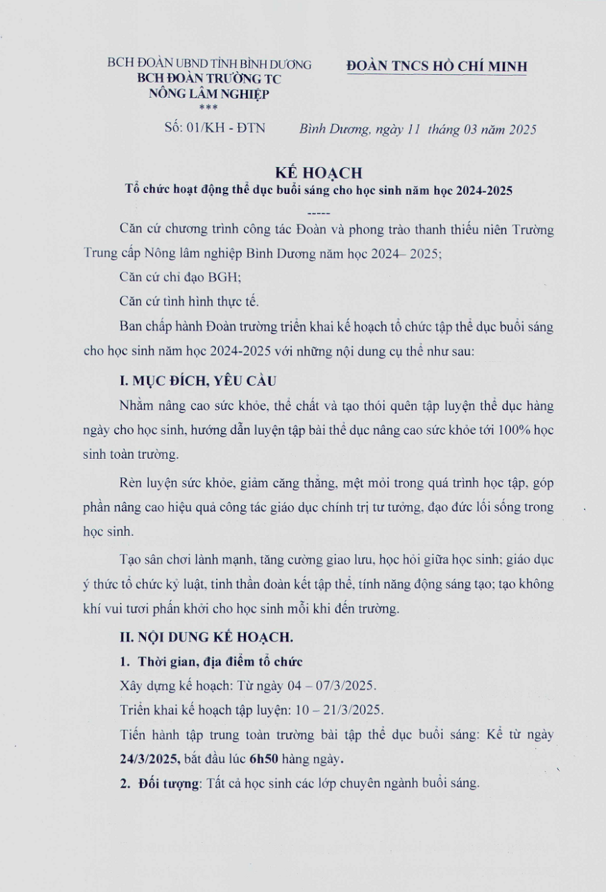 Kế hoạch tổ chức hoạt động thể dục buổi sáng từ ngày 17/03/2025