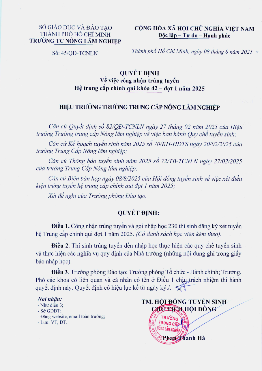 Quyết định trúng tuyển đợt 1 năm 2025 (khóa 42)