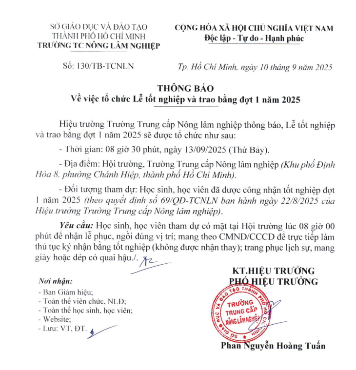Thông báo tổ chức Lễ tốt nghiệp và trao bằng đợt 1 năm 2025