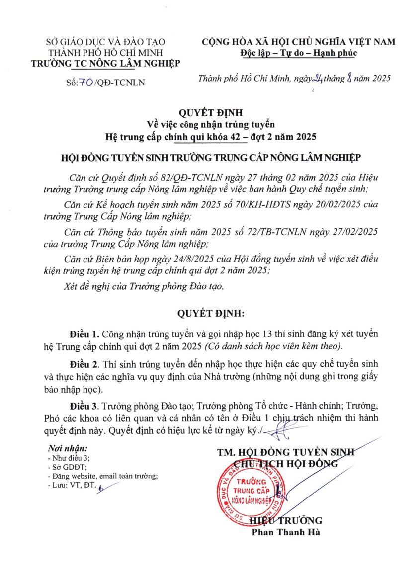 Quyết định công nhận trúng tuyển hệ trung cấp chính quy khóa 42, đợt 2