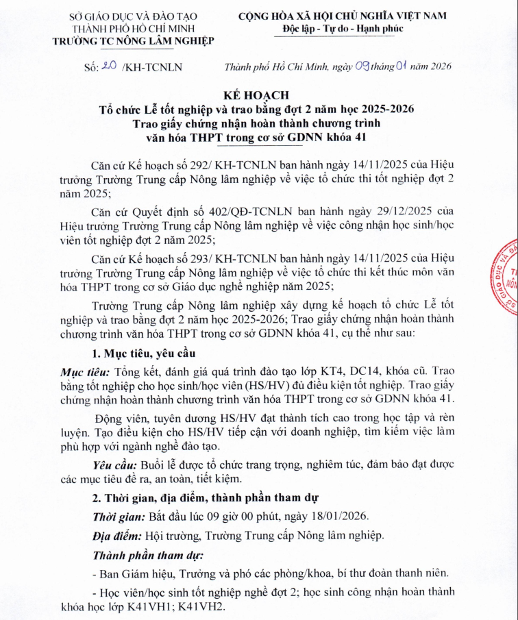 Kế hoạch lễ tốt nghiệp và trao bằng đợt 2 năm học 2025-2026, trao giấy chứng nhận văn hóa 04 môn K41