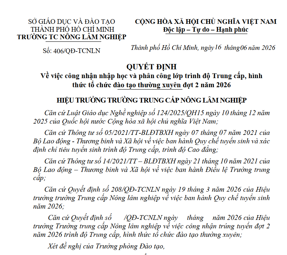 Quyết định công nhận nhập học và phân lớp trình độ trung cấp đào tạo thường xuyên đợt 2 năm 2026